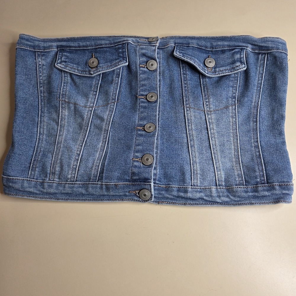 Rue21 NWT Women's Denim Corset Tube Top L Button Front Stretch Jean Bustier Blue